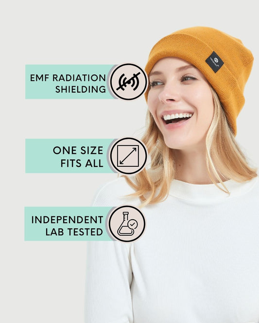 The Radia Smart® Winter Beanie (Yellow) offers EMF protection with silver-lined Faraday fabric that blocks RF, 5G, and wireless radiation. Designed for colder weather, it provides warmth while reducing exposure to harmful frequencies. Soft, breathable, and stylish, this anti-radiation beanie supports fertility and overall wellness. Perfect for daily wear, it combines comfort and protection for a health-conscious lifestyle in a bright, cozy design.