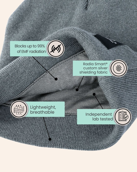 The Radia Smart® Winter Beanie (Grey) offers EMF protection with silver-lined Faraday fabric that blocks RF, 5G, and wireless radiation. Designed for warmth and wellness, it helps reduce exposure to harmful frequencies while supporting fertility and overall health. Soft, breathable, and stylish, this anti-radiation beanie is perfect for daily wear in colder weather, providing comfort, protection, and peace of mind in today’s connected world.