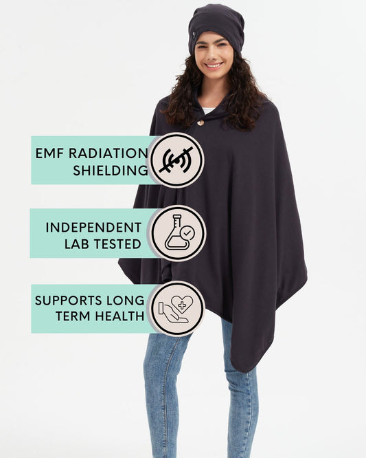 Stay cozy and protected with Ultimate Organic Poncho and Beanie Bundle. Silver-lined with Faraday fabric, it blocks EMF, RF, and 5G radiation while offering breathable, organic comfort. Ideal for daily wear at home or on the go, this poncho supports wellness and reduces exposure to harmful wireless signals. Stylish and functional, it’s perfect for those seeking natural, effective EMF shielding in a soft, eco-friendly design.