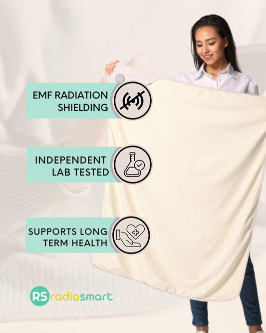 Embrace wellness with the Radia Smart® Natural Organic Blanket (Large), designed for EMF protection and anti-radiation support. This silver-lined Faraday blanket helps shield against wireless radiation and supports fertility health. Made with certified organic cotton, it’s soft, breathable, and ideal for everyday use at home, during pregnancy, or while traveling. A natural, chemical-free solution for EMF-sensitive individuals and families.