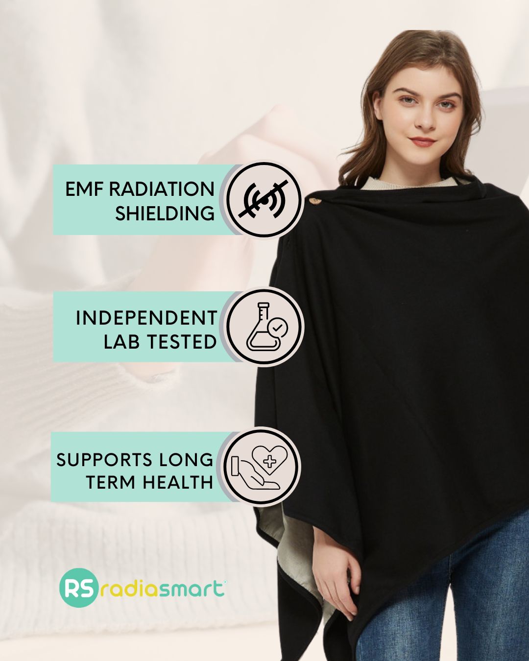 Stay cozy and protected with the Radia Smart® Poncho Blanket (Black), crafted with silver-lined Faraday fabric to block EMF, RF, and 5G radiation. This soft, breathable poncho offers full-body coverage and comfort while reducing exposure to harmful wireless signals. Ideal for home, travel, or relaxation, it supports overall wellness and fertility health. Stylish and functional, it’s perfect for those seeking everyday EMF protection in a sleek black design.