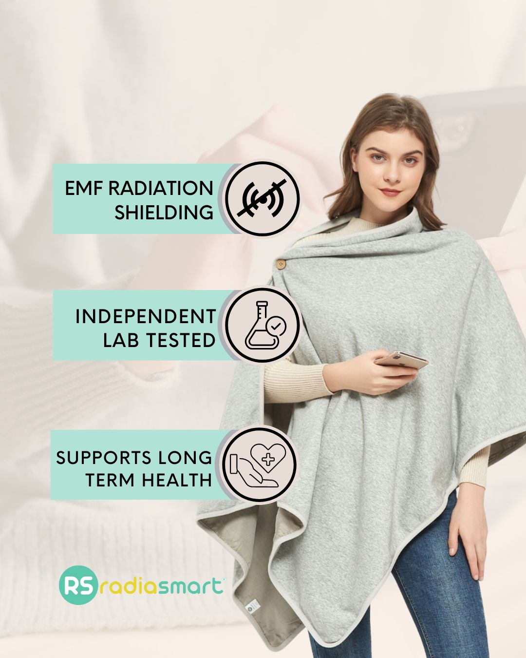 Stay cozy and protected with the Radia Smart® Poncho Blanket (Grey), featuring silver-lined Faraday fabric for powerful EMF, RF, and 5G radiation shielding. Designed for comfort and wellness, it helps reduce wireless exposure while supporting overall health. Soft, breathable, and stylish, this poncho blanket is perfect for home, travel, or relaxation. Enjoy peace of mind and warmth with this smart, anti-radiation protective layer.