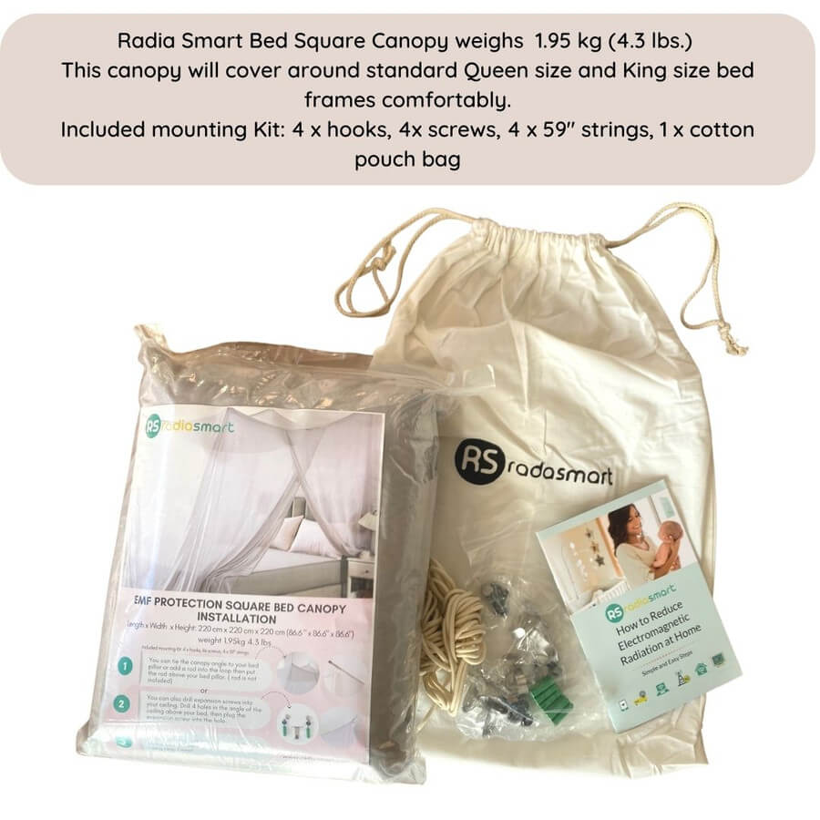 Stay cozy and protected with the Radia Smart® EMF Protection Bed Canopy Square, designed with silver-lined Faraday fabric to shield against EMF, RF, and 5G radiation. This breathable, elegant canopy creates a safe sleep environment by reducing exposure to wireless signals. Perfect for enhancing rest and wellness, it combines comfort, style, and advanced anti-radiation technology for a healthier night’s sleep in any bedroom setting.