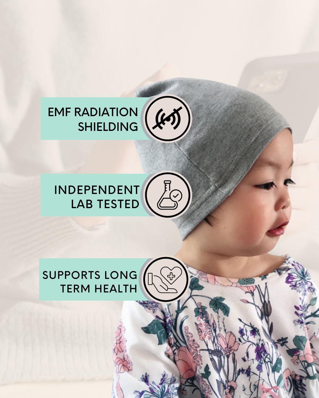 Protect your little one with the Radia Smart® Baby Hat Beanie, designed for ages 0–4 with three size options: Newborn, Baby, and Toddler. Made with silver-lined Faraday fabric, it offers EMF and RF blocking to reduce exposure to wireless radiation. Soft, breathable, and gentle on delicate skin, this beanie supports wellness and comfort for growing children. Ideal for everyday wear, it provides peace of mind with stylish, effective protection.