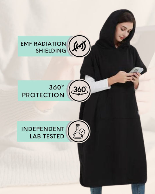 The Radia Smart® Adult Hooded Poncho Blanket (Black) offers EMF protection with silver-lined Faraday fabric that blocks RF and 5G radiation. Designed for comfort and wellness, it supports fertility health while reducing daily exposure to harmful wireless signals. Soft, breathable, and stylish, this hooded poncho blanket is perfect for home or travel, providing cozy coverage and peace of mind in today’s connected world.