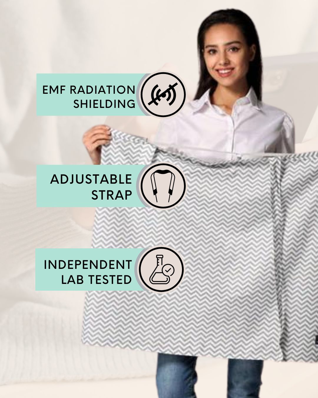 The Radia Smart® Nursing Cover offers EMF protection with silver-lined Faraday fabric, blocking 5G and wireless radiation. Safe for breastfeeding, it shields mother and baby from harmful exposure while providing comfort and privacy. Soft, breathable, and stylish, it supports wellness and peace of mind during nursing. Ideal for use at home or on the go, this anti-radiation cover is a smart choice for modern, health-conscious moms.