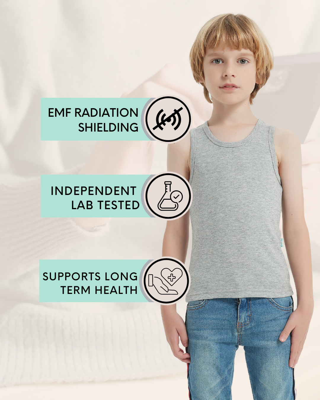 Embrace wellness with the Radia Smart® Singlet Tank Top for children, made from soft cotton and lined with Faraday shielding fabric to block EMF, RF, and 5G radiation. This unisex tank offers comfort and protection, supporting growing bodies by reducing exposure to harmful wireless signals. Ideal for daily wear, it combines breathable fabric with advanced anti-radiation technology to help protect your child’s health in a connected world.