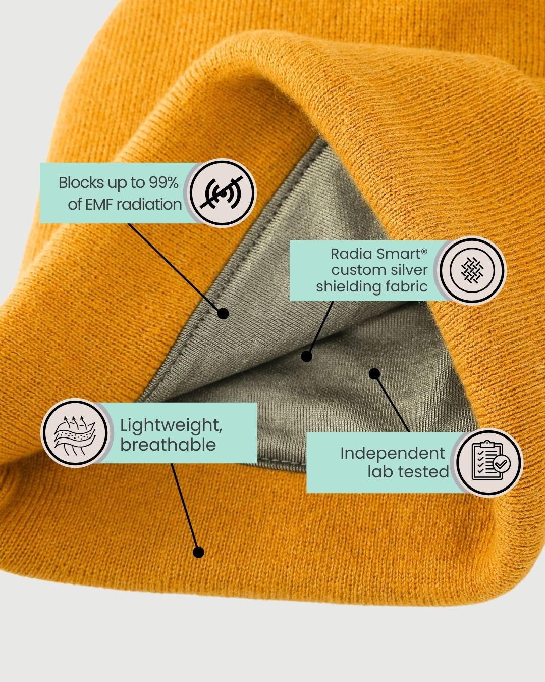 The Radia Smart® Winter Beanie (Yellow) offers EMF protection with silver-lined Faraday fabric that blocks RF, 5G, and wireless radiation. Designed for colder weather, it provides warmth while reducing exposure to harmful frequencies. Soft, breathable, and stylish, this anti-radiation beanie supports fertility and overall wellness. Perfect for daily wear, it combines comfort and protection for a health-conscious lifestyle in a bright, cozy design.