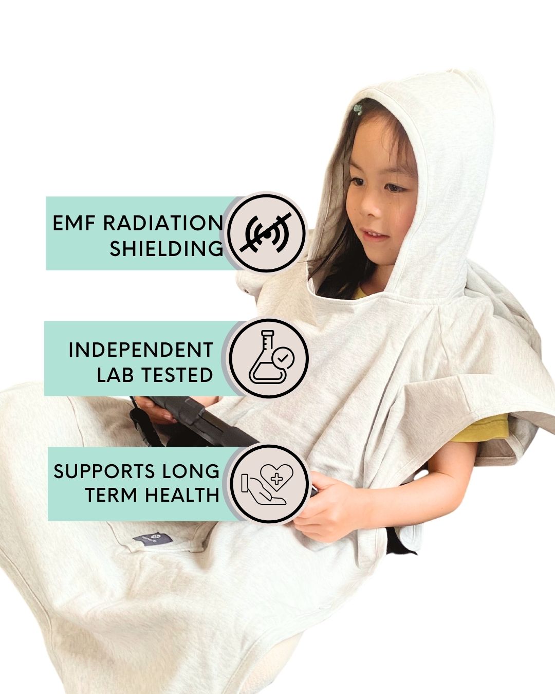 Stay cozy and protected with the Radia Smart® Children’s Hooded Poncho Blanket (Grey), featuring silver-lined Faraday fabric for EMF, RF, and 5G radiation shielding. Made with soft, breathable materials, it offers comfort and safety for growing kids by reducing exposure to harmful wireless signals. Perfect for home, travel, or rest time, this poncho supports wellness while keeping little ones warm and shielded in a stylish, kid-friendly design.