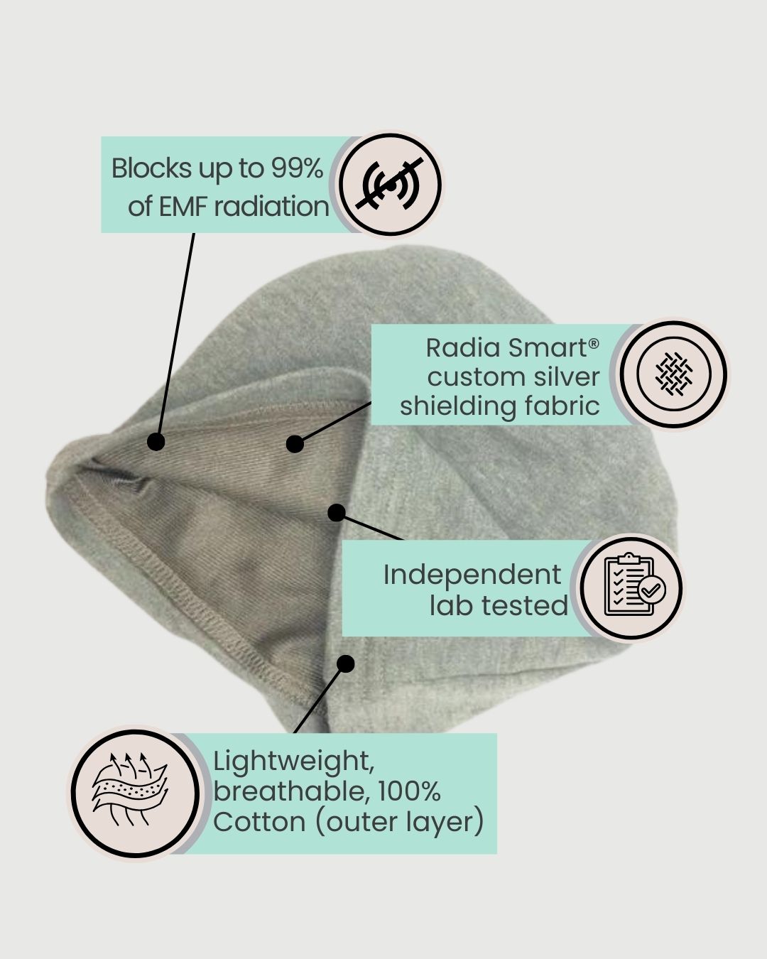 Radia Smart® Children and Teens EMF Protection Hat Beanie is designed to shield young, developing bodies from EMF and RF radiation. Made with silver-lined fabric for Faraday cage-like protection, it offers anti-radiation benefits while supporting long-term wellness and fertility health. Soft, breathable, and comfortable for everyday use, this beanie is perfect for school, travel, or screen time—helping parents embrace safety without sacrificing style.