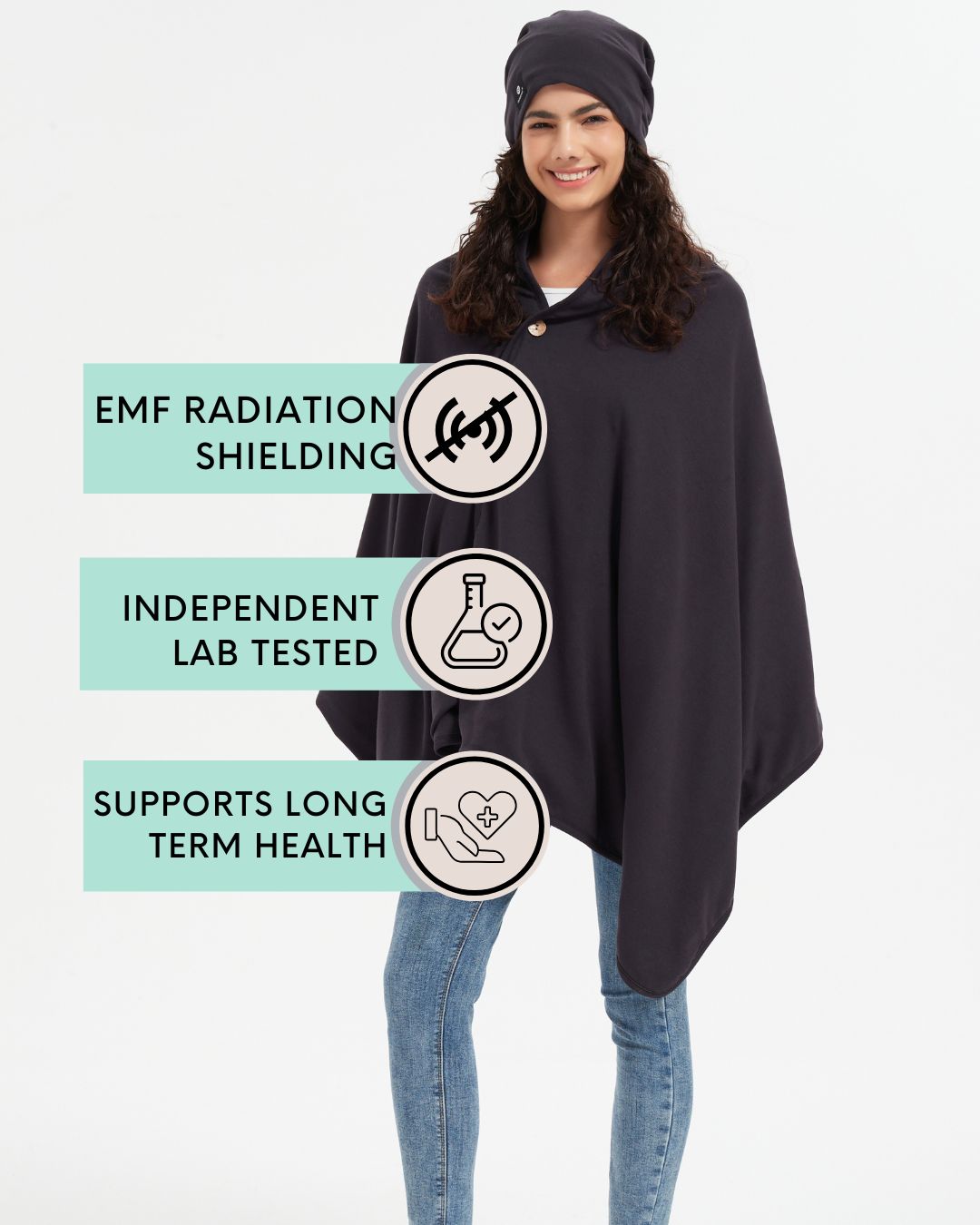 Stay cozy and protected with Ultimate Organic Poncho and Beanie Bundle. Silver-lined with Faraday fabric, it blocks EMF, RF, and 5G radiation while offering breathable, organic comfort. Ideal for daily wear at home or on the go, this poncho supports wellness and reduces exposure to harmful wireless signals. Stylish and functional, it’s perfect for those seeking natural, effective EMF shielding in a soft, eco-friendly design.