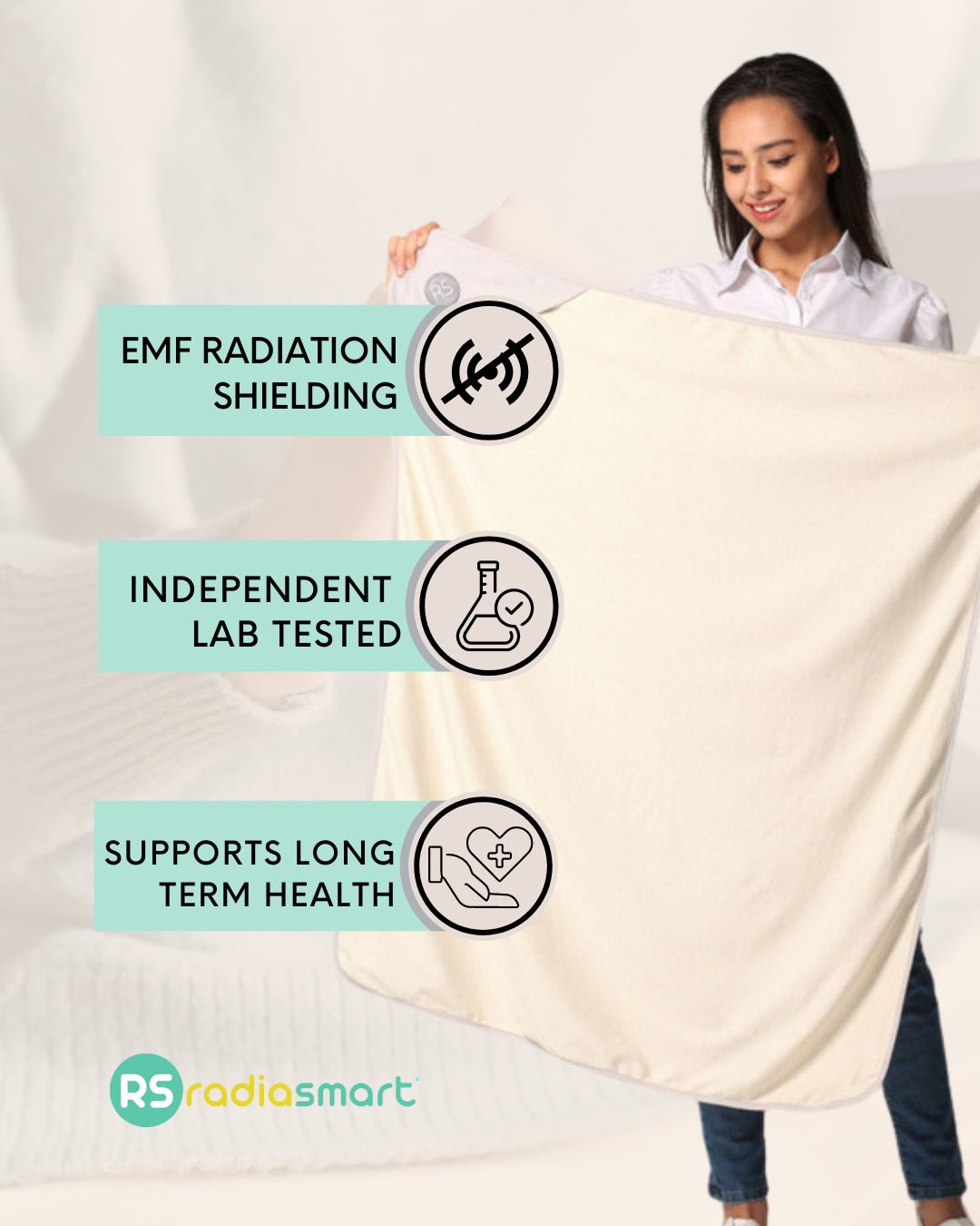 Embrace wellness with the Radia Smart® Natural Organic Blanket (Large), designed for EMF protection and anti-radiation support. This silver-lined Faraday blanket helps shield against wireless radiation and supports fertility health. Made with certified organic cotton, it’s soft, breathable, and ideal for everyday use at home, during pregnancy, or while traveling. A natural, chemical-free solution for EMF-sensitive individuals and families.