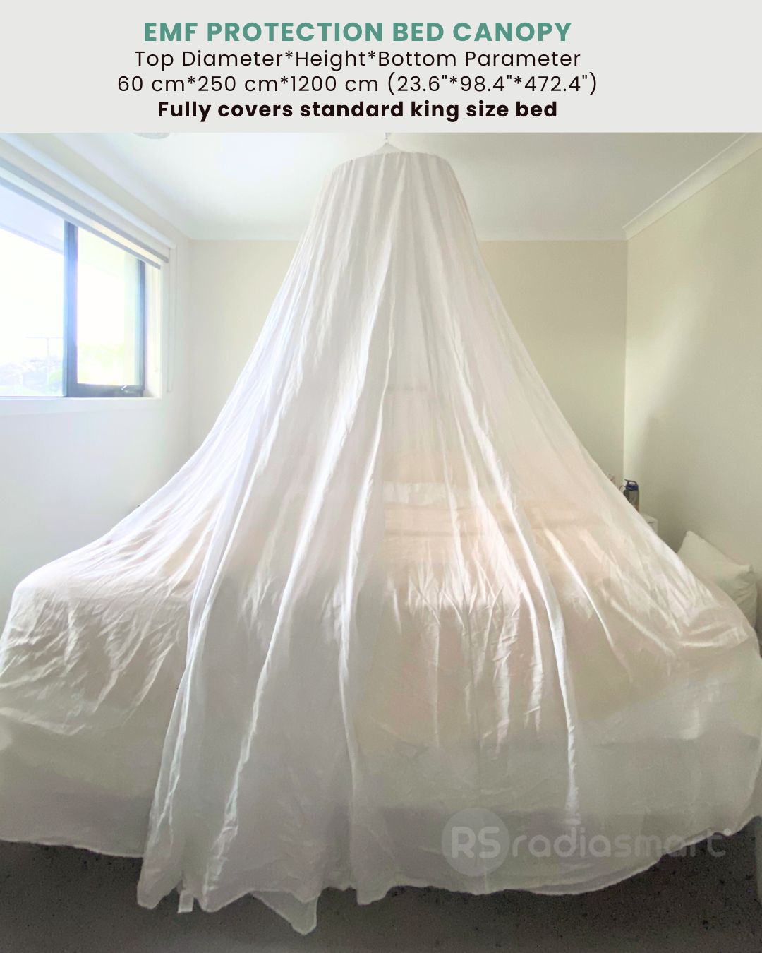 Stay cozy and protected with the Radia Smart® EMF Protection Bed Canopy Circle. Featuring silver-lined Faraday fabric, it blocks EMF, RF, and 5G radiation to create a safe sleep space. This elegant, breathable canopy surrounds your bed, offering comfort and peace of mind while reducing wireless exposure. Ideal for improving rest and supporting overall wellness, it combines style with powerful anti-radiation shielding for a healthier sleeping environment.