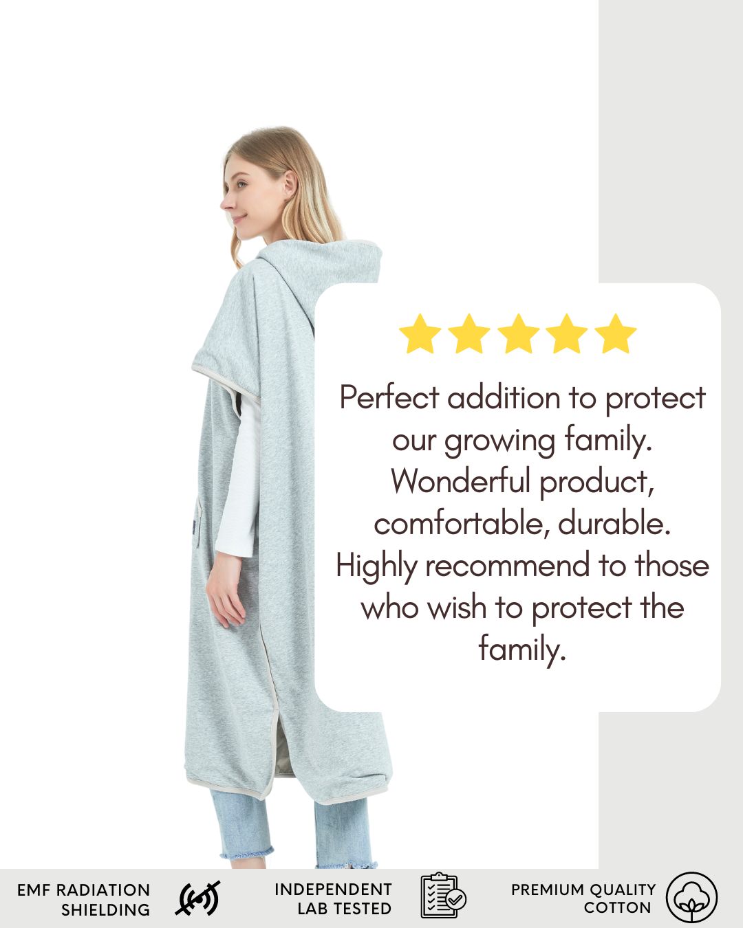 Radia Smart® Adult Hooded Poncho Blanket in Grey offers stylish, full-body comfort with built-in wellness protection. Silver-lined fabric provides advanced shielding against EMF, RF, and 5G radiation, acting as a wearable Faraday cage. Ideal for home, travel, or outdoor use, this hooded poncho combines cozy design with smart technology to help reduce exposure to harmful wireless signals. One-size-fits-most for adults.