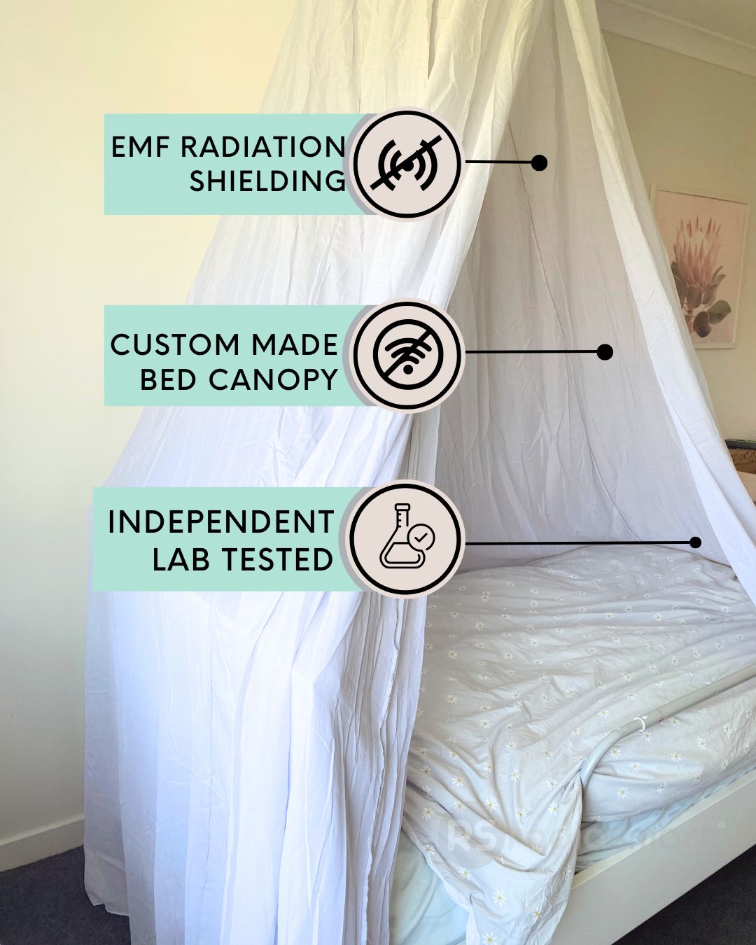 Stay cozy and protected with the Radia Smart® EMF Protection Bed Canopy Circle (Small). Designed to shield against electromagnetic fields (EMF), this silver-lined canopy offers Faraday cage-level protection. Ideal for fertility health and sensitive sleepers, it helps reduce exposure to Wi-Fi, cell towers, and other wireless radiation sources. The breathable, elegant design promotes restful sleep while safeguarding your health in style.