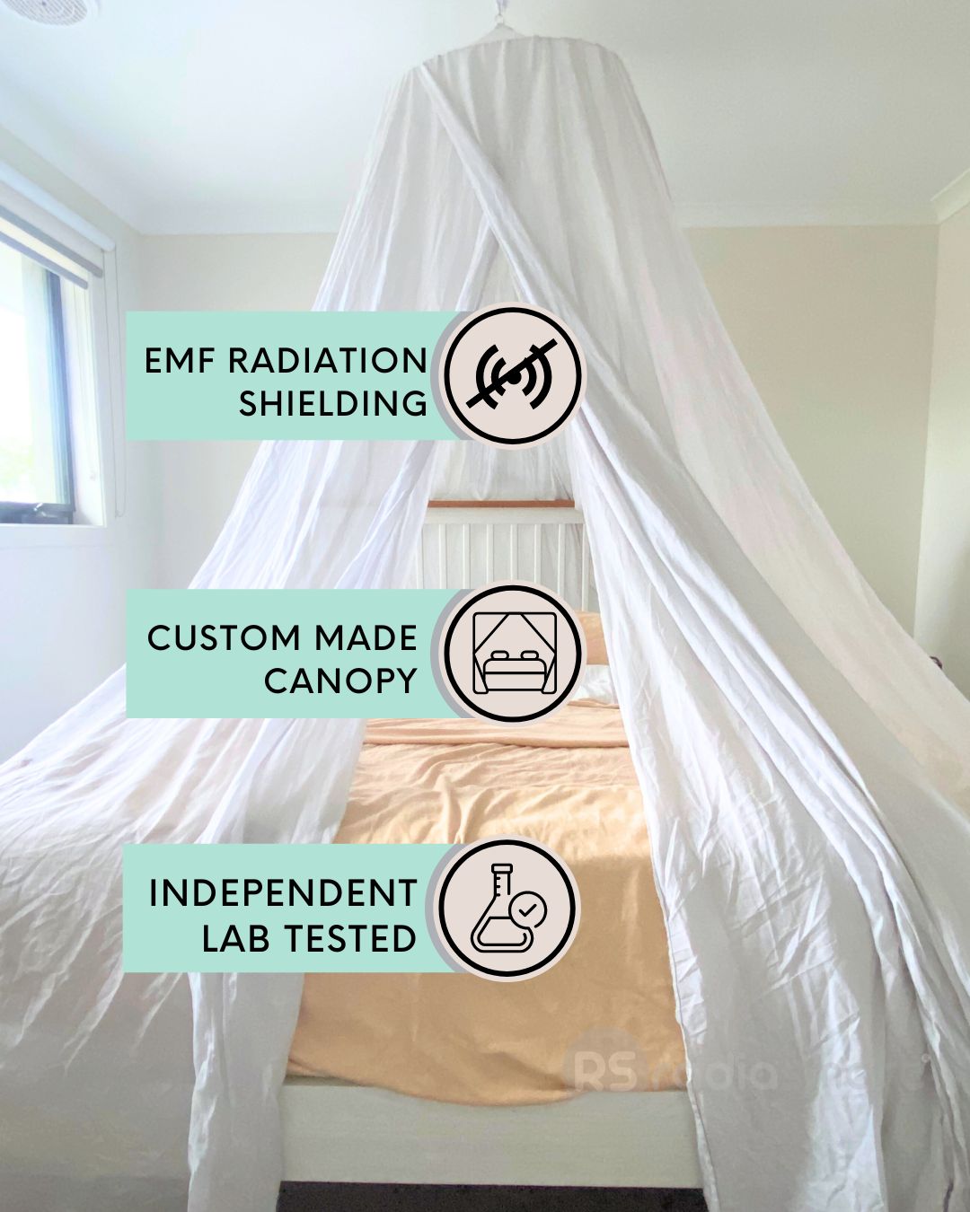 Stay cozy and protected with the Radia Smart® EMF Protection Bed Canopy Circle. Featuring silver-lined Faraday fabric, it blocks EMF, RF, and 5G radiation to create a safe sleep space. This elegant, breathable canopy surrounds your bed, offering comfort and peace of mind while reducing wireless exposure. Ideal for improving rest and supporting overall wellness, it combines style with powerful anti-radiation shielding for a healthier sleeping environment.