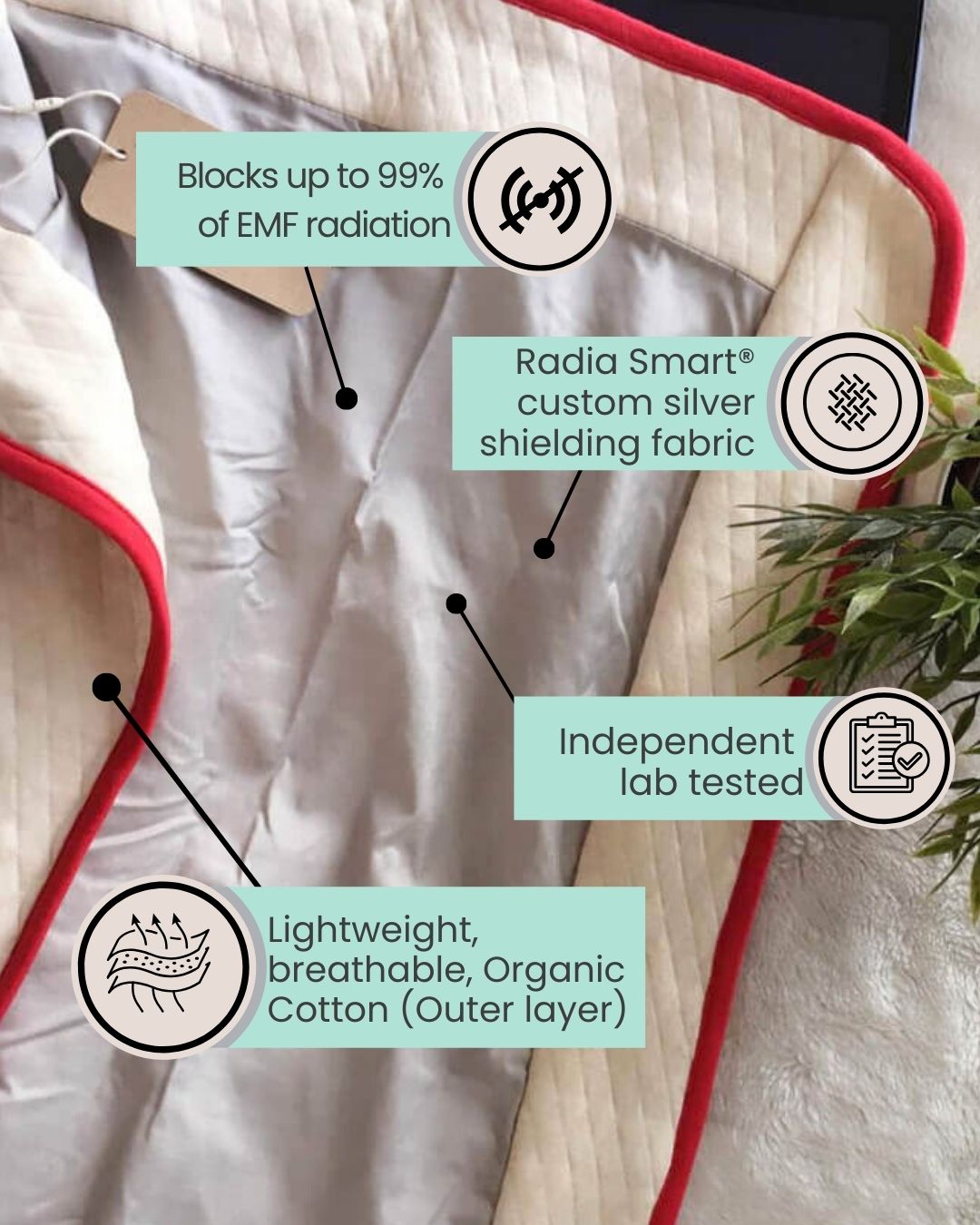Stay cozy and protected with the Radia Smart® Joy Organic Blanket, designed with silver-lined Faraday fabric to block EMF, RF, and 5G radiation. Made from certified organic materials, it supports fertility health and overall wellness while offering soft, breathable comfort. Ideal for restful sleep or relaxation, this anti-radiation blanket reduces wireless exposure and promotes peace of mind in any environment. A perfect blend of safety, style, and serenity.
