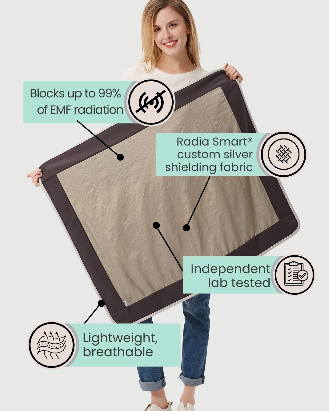 Stay cozy and protected with the Radia Smart® Grey Cotton Blanket, designed with silver-lined Faraday fabric for EMF, RF, and 5G radiation shielding. Made from soft, breathable cotton, this anti-radiation blanket supports fertility health and overall wellness. Ideal for use at home or while resting, it offers comfort and peace of mind by reducing exposure to harmful wireless signals in a stylish and natural way.