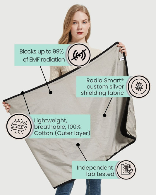 Stay cozy and protected with the Radia Smart® Poncho Blanket (Black), crafted with silver-lined Faraday fabric to block EMF, RF, and 5G radiation. This soft, breathable poncho offers full-body coverage and comfort while reducing exposure to harmful wireless signals. Ideal for home, travel, or relaxation, it supports overall wellness and fertility health. Stylish and functional, it’s perfect for those seeking everyday EMF protection in a sleek black design.