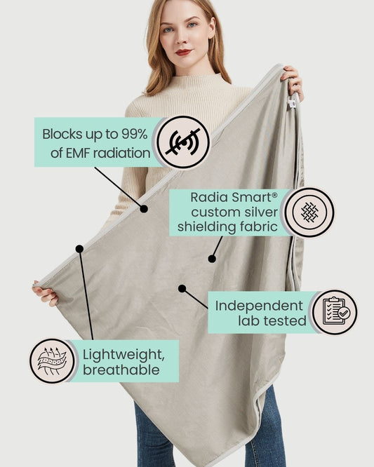 Stay cozy and protected with the Radia Smart® Poncho Blanket (Grey), featuring silver-lined Faraday fabric for powerful EMF, RF, and 5G radiation shielding. Designed for comfort and wellness, it helps reduce wireless exposure while supporting overall health. Soft, breathable, and stylish, this poncho blanket is perfect for home, travel, or relaxation. Enjoy peace of mind and warmth with this smart, anti-radiation protective layer.