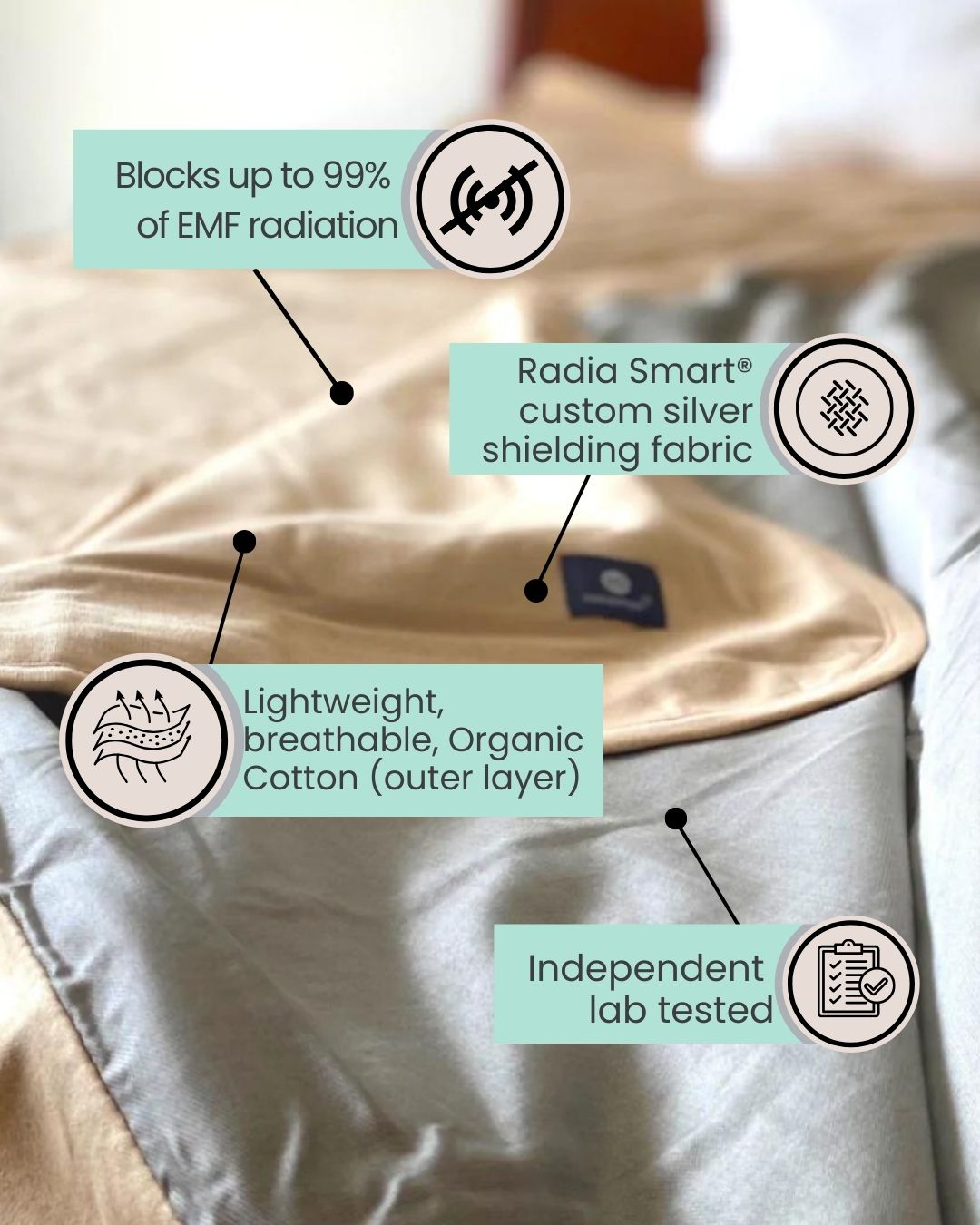 Stay cozy and protected with the Radia Smart® Classic Mega/XL Size Bed Blanket. Made from 100% cotton and silver-lined Faraday fabric, it blocks EMF, RF, and 5G radiation for a safer sleep environment. This breathable, soft bed blanket doubles as a bed sheet, offering full-body coverage and comfort while reducing wireless exposure. Ideal for promoting restful sleep and overall wellness in today’s connected world.