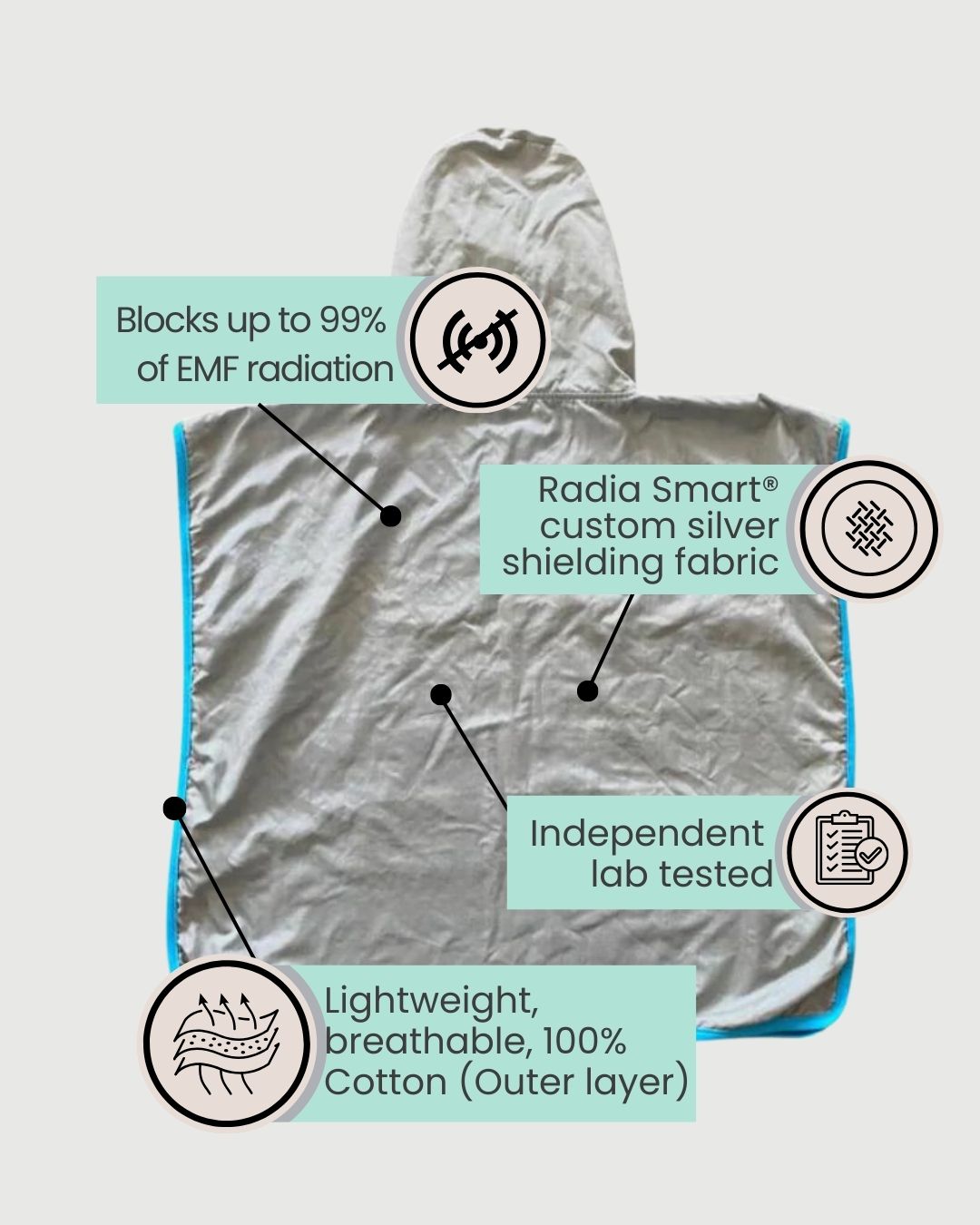 Stay cozy and protected with the Radia Smart® Children’s Hooded Poncho Blanket (Blue), featuring silver-lined Faraday fabric for EMF, RF, and 5G radiation shielding. Made with soft, breathable materials, it offers comfort and safety for growing kids by reducing exposure to harmful wireless signals. Perfect for home, travel, or rest time, this poncho supports wellness while keeping little ones warm and shielded in a stylish, kid-friendly design.