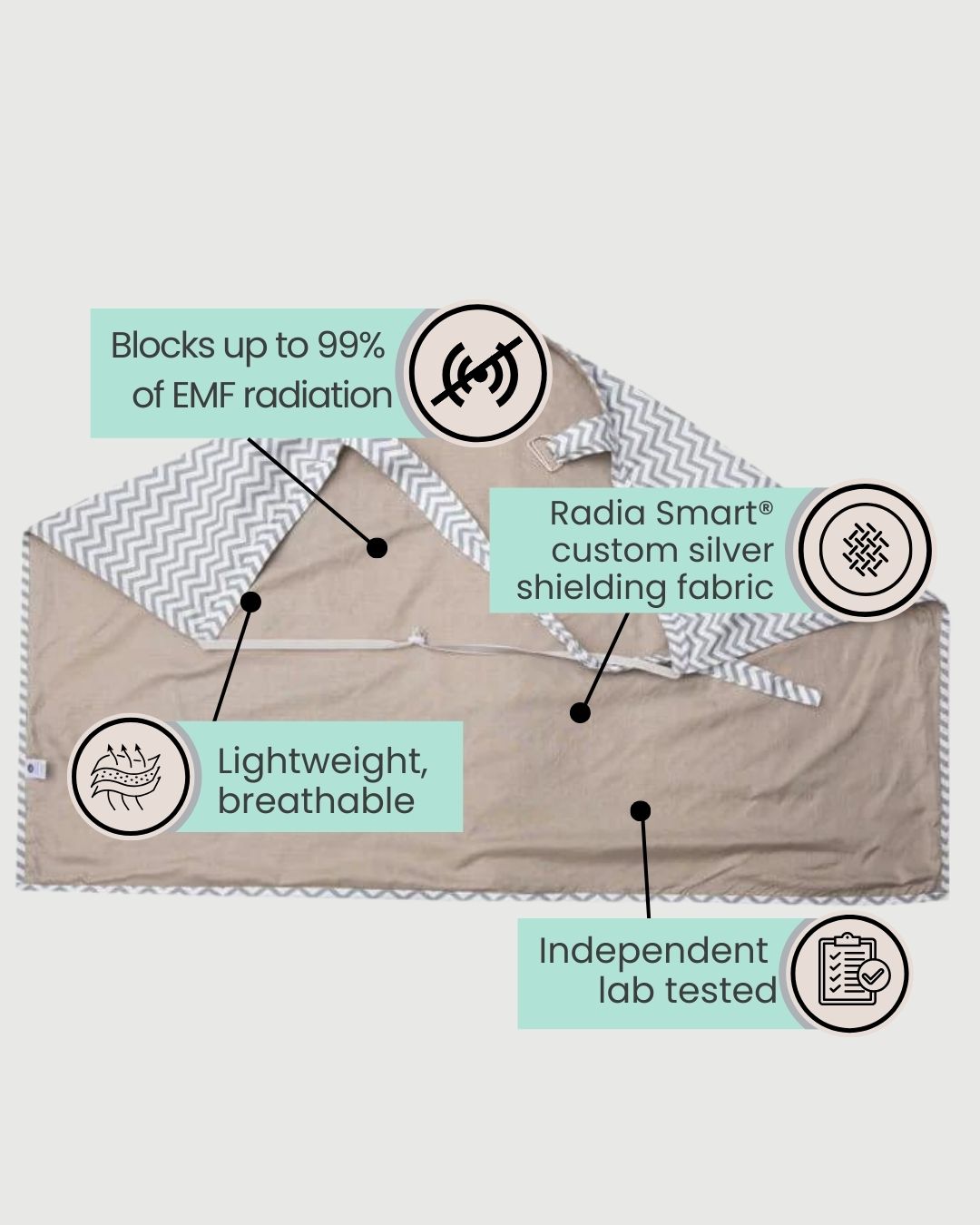 The Radia Smart® Nursing Cover offers EMF protection with silver-lined Faraday fabric, blocking 5G and wireless radiation. Safe for breastfeeding, it shields mother and baby from harmful exposure while providing comfort and privacy. Soft, breathable, and stylish, it supports wellness and peace of mind during nursing. Ideal for use at home or on the go, this anti-radiation cover is a smart choice for modern, health-conscious moms.