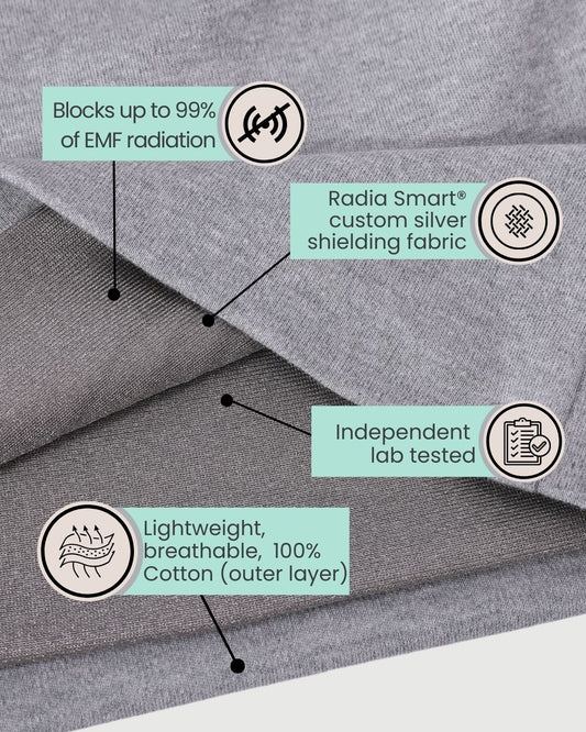 Embrace wellness with the Radia Smart® BUNDLE DEAL EMF Protection Poncho and Slouch Beanie in Grey. Silver-lined with Faraday fabric, this set blocks EMF, RF, and 5G radiation, supporting fertility and overall health. Made from soft, breathable materials, the poncho and beanie offer stylish comfort and powerful shielding. Perfect for daily wear, this bundle provides peace of mind and protection from modern wireless exposure.