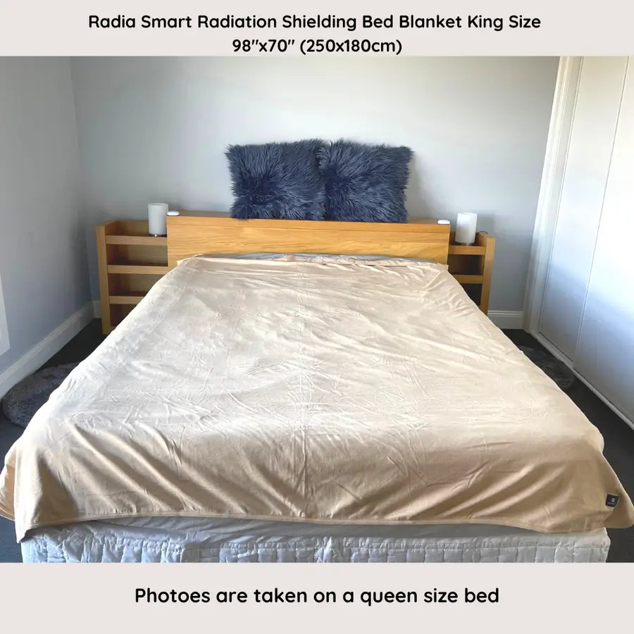 Stay cozy and protected with the Radia Smart® Classic Mega/XL Size Bed Blanket. Made from 100% cotton and silver-lined Faraday fabric, it blocks EMF, RF, and 5G radiation for a safer sleep environment. This breathable, soft bed blanket doubles as a bed sheet, offering full-body coverage and comfort while reducing wireless exposure. Ideal for promoting restful sleep and overall wellness in today’s connected world.