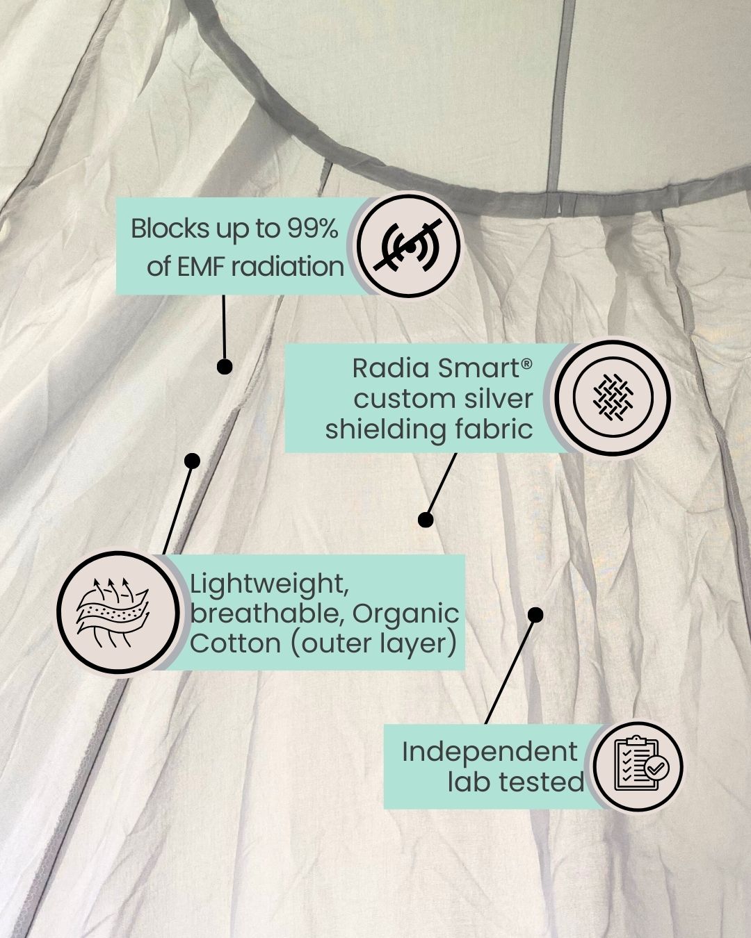 Stay cozy and protected with the Radia Smart® EMF Protection Bed Canopy Circle (Small). Designed to shield against electromagnetic fields (EMF), this silver-lined canopy offers Faraday cage-level protection. Ideal for fertility health and sensitive sleepers, it helps reduce exposure to Wi-Fi, cell towers, and other wireless radiation sources. The breathable, elegant design promotes restful sleep while safeguarding your health in style.